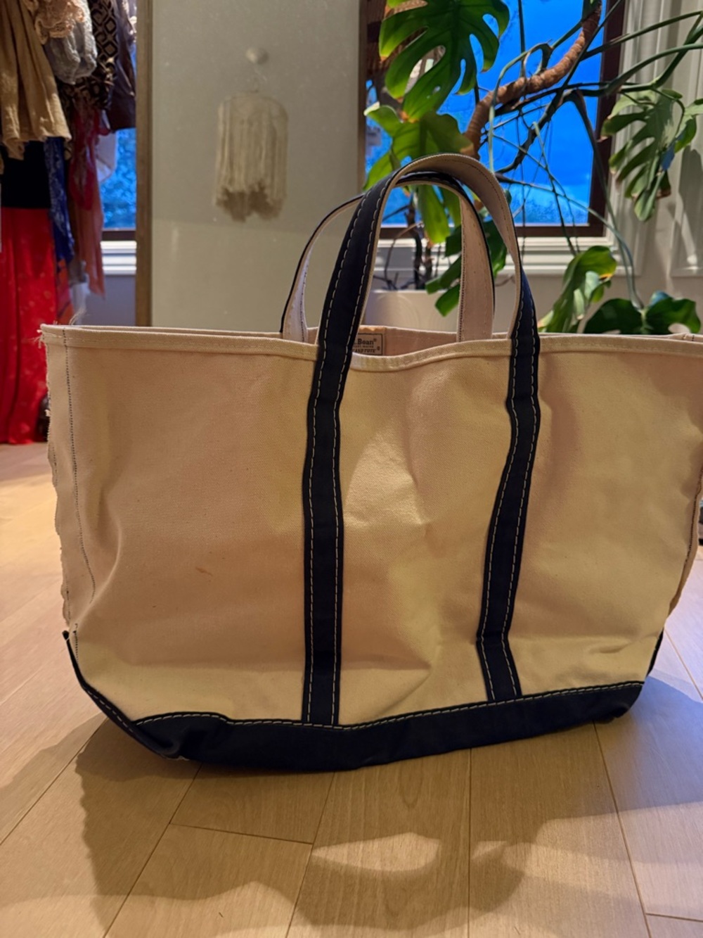 L.L. Bean Cream Canvas Tote with Green Logo Tag